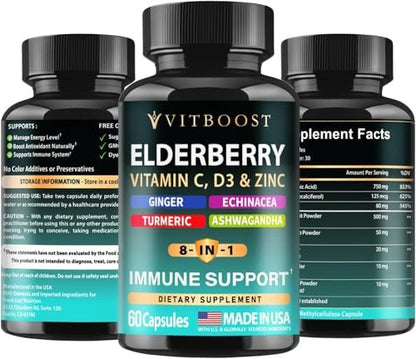 VITBOOST Holunder Immunsystem Unterstützung 8-in-1 Komplex mit Echinacea, Vitamin C & Zink, Vitamin D 5000 IE, Kurkuma, Ingwer, Ashwagandha – 60 Kapseln