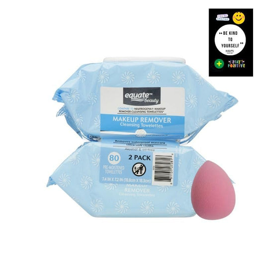 Equate Beauty Make-up Entferner Reinigungstücher, 80 Stück, 2er-Pack + 1 Make-up Schwamm – Explorador Private Label