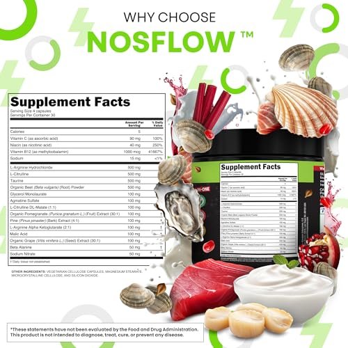 NosFlow Nitric Oxide Supplement für Männer | Rote Beete, Taurin, L-Arginin, Apfelsäure, L-Citrullin, Kiefernrinde, Glycerin, Agmatin, Traubenkern, Vitamin C, B12, B3 von Clean Nutra