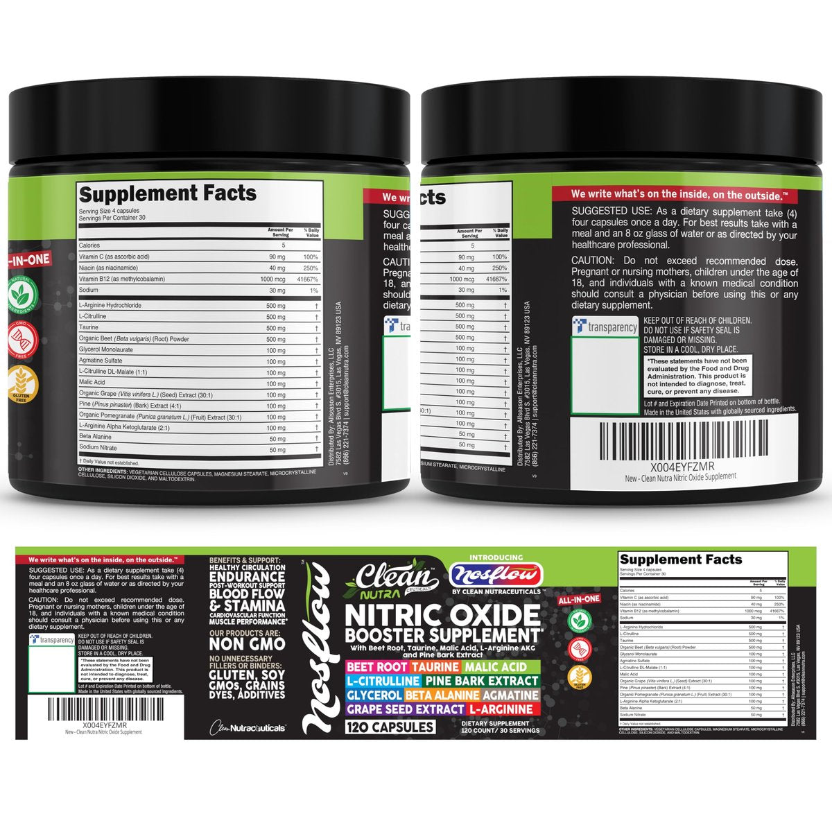 NosFlow Nitric Oxide Supplement für Männer | Rote Beete, Taurin, L-Arginin, Apfelsäure, L-Citrullin, Kiefernrinde, Glycerin, Agmatin, Traubenkern, Vitamin C, B12, B3 von Clean Nutra