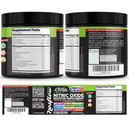 NosFlow Nitric Oxide Supplement für Männer | Rote Beete, Taurin, L-Arginin, Apfelsäure, L-Citrullin, Kiefernrinde, Glycerin, Agmatin, Traubenkern, Vitamin C, B12, B3 von Clean Nutra