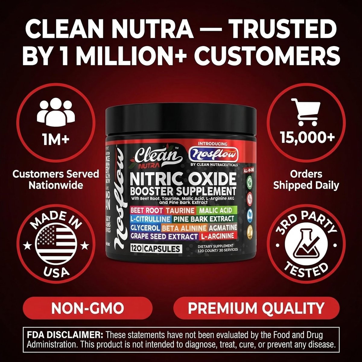 NosFlow Nitric Oxide Supplement für Männer | Rote Beete, Taurin, L-Arginin, Apfelsäure, L-Citrullin, Kiefernrinde, Glycerin, Agmatin, Traubenkern, Vitamin C, B12, B3 von Clean Nutra