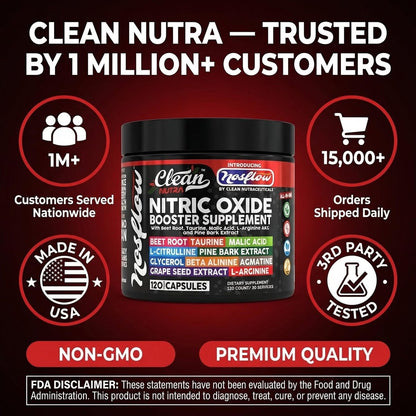 NosFlow Nitric Oxide Supplement für Männer | Rote Beete, Taurin, L-Arginin, Apfelsäure, L-Citrullin, Kiefernrinde, Glycerin, Agmatin, Traubenkern, Vitamin C, B12, B3 von Clean Nutra