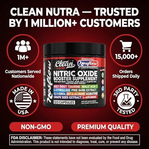 NosFlow Nitric Oxide Supplement für Männer | Rote Beete, Taurin, L-Arginin, Apfelsäure, L-Citrullin, Kiefernrinde, Glycerin, Agmatin, Traubenkern, Vitamin C, B12, B3 von Clean Nutra
