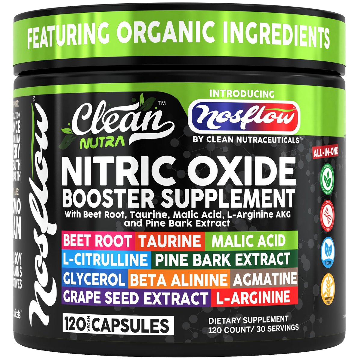 NosFlow Nitric Oxide Supplement für Männer | Rote Beete, Taurin, L-Arginin, Apfelsäure, L-Citrullin, Kiefernrinde, Glycerin, Agmatin, Traubenkern, Vitamin C, B12, B3 von Clean Nutra