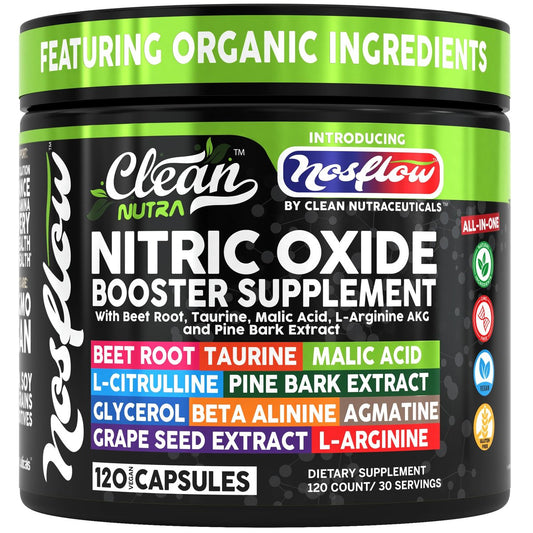 NosFlow Nitric Oxide Supplement für Männer | Rote Beete, Taurin, L-Arginin, Apfelsäure, L-Citrullin, Kiefernrinde, Glycerin, Agmatin, Traubenkern, Vitamin C, B12, B3 von Clean Nutra