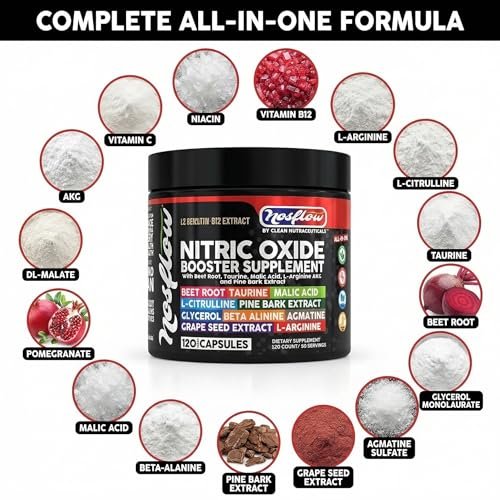 NosFlow Nitric Oxide Supplement für Männer | Rote Beete, Taurin, L-Arginin, Apfelsäure, L-Citrullin, Kiefernrinde, Glycerin, Agmatin, Traubenkern, Vitamin C, B12, B3 von Clean Nutra