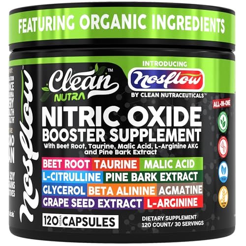 NosFlow Nitric Oxide Supplement für Männer | Rote Beete, Taurin, L-Arginin, Apfelsäure, L-Citrullin, Kiefernrinde, Glycerin, Agmatin, Traubenkern, Vitamin C, B12, B3 von Clean Nutra