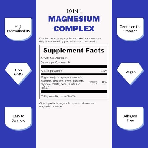 UpNourish Magnesium Komplex – 10-in-1 Vollspektrum Magnesium Supplement mit Glycinat, Citrat, Taurat, Malat, Carbonat, Oxid und mehr – 240 vegane Kapseln
