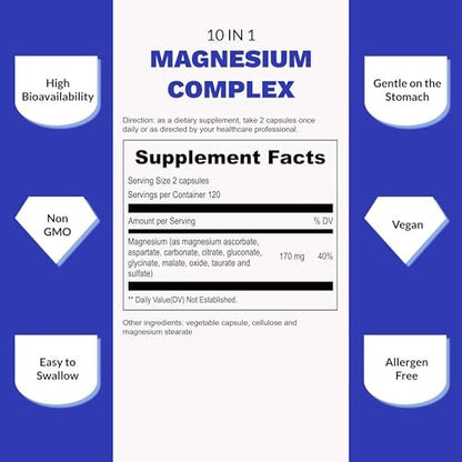 UpNourish Magnesium Komplex – 10-in-1 Vollspektrum Magnesium Supplement mit Glycinat, Citrat, Taurat, Malat, Carbonat, Oxid und mehr – 240 vegane Kapseln