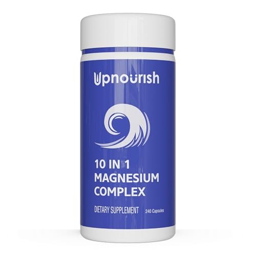 UpNourish Magnesium Komplex – 10-in-1 Vollspektrum Magnesium Supplement mit Glycinat, Citrat, Taurat, Malat, Carbonat, Oxid und mehr – 240 vegane Kapseln