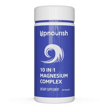 UpNourish Magnesium Komplex – 10-in-1 Vollspektrum Magnesium Supplement mit Glycinat, Citrat, Taurat, Malat, Carbonat, Oxid und mehr – 240 vegane Kapseln