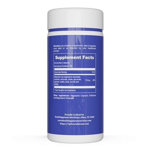 UpNourish Magnesium Komplex – 10-in-1 Vollspektrum Magnesium Supplement mit Glycinat, Citrat, Taurat, Malat, Carbonat, Oxid und mehr – 240 vegane Kapseln