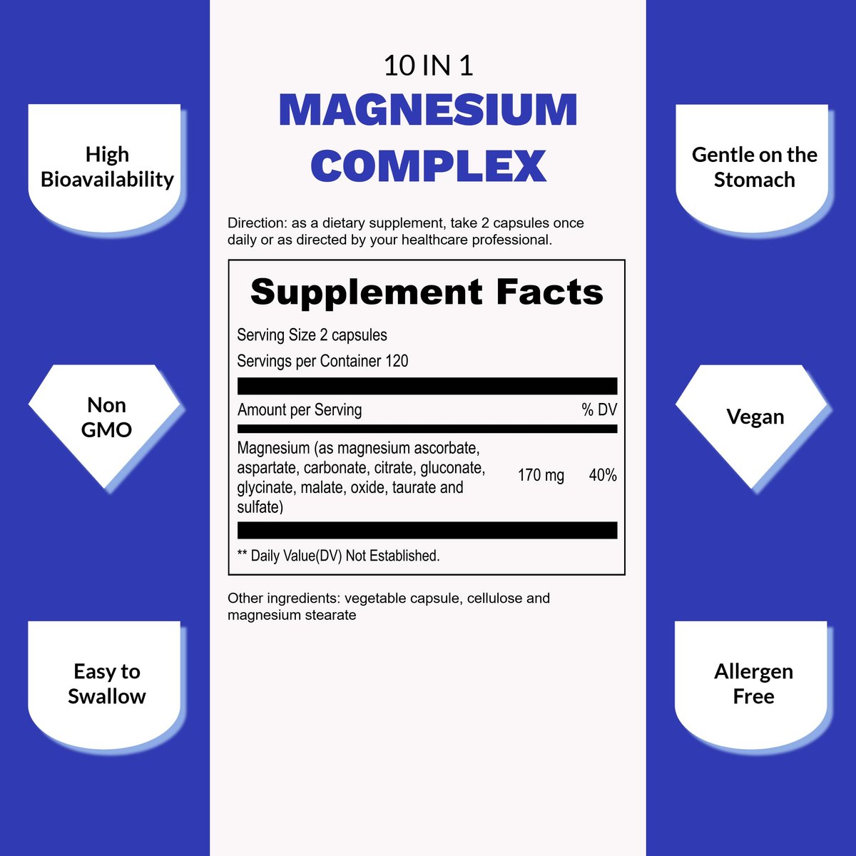 UpNourish Magnesium Komplex – 10-in-1 Vollspektrum Magnesium Supplement mit Glycinat, Citrat, Taurat, Malat, Carbonat, Oxid und mehr – 240 vegane Kapseln