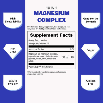 UpNourish Magnesium Komplex – 10-in-1 Vollspektrum Magnesium Supplement mit Glycinat, Citrat, Taurat, Malat, Carbonat, Oxid und mehr – 240 vegane Kapseln
