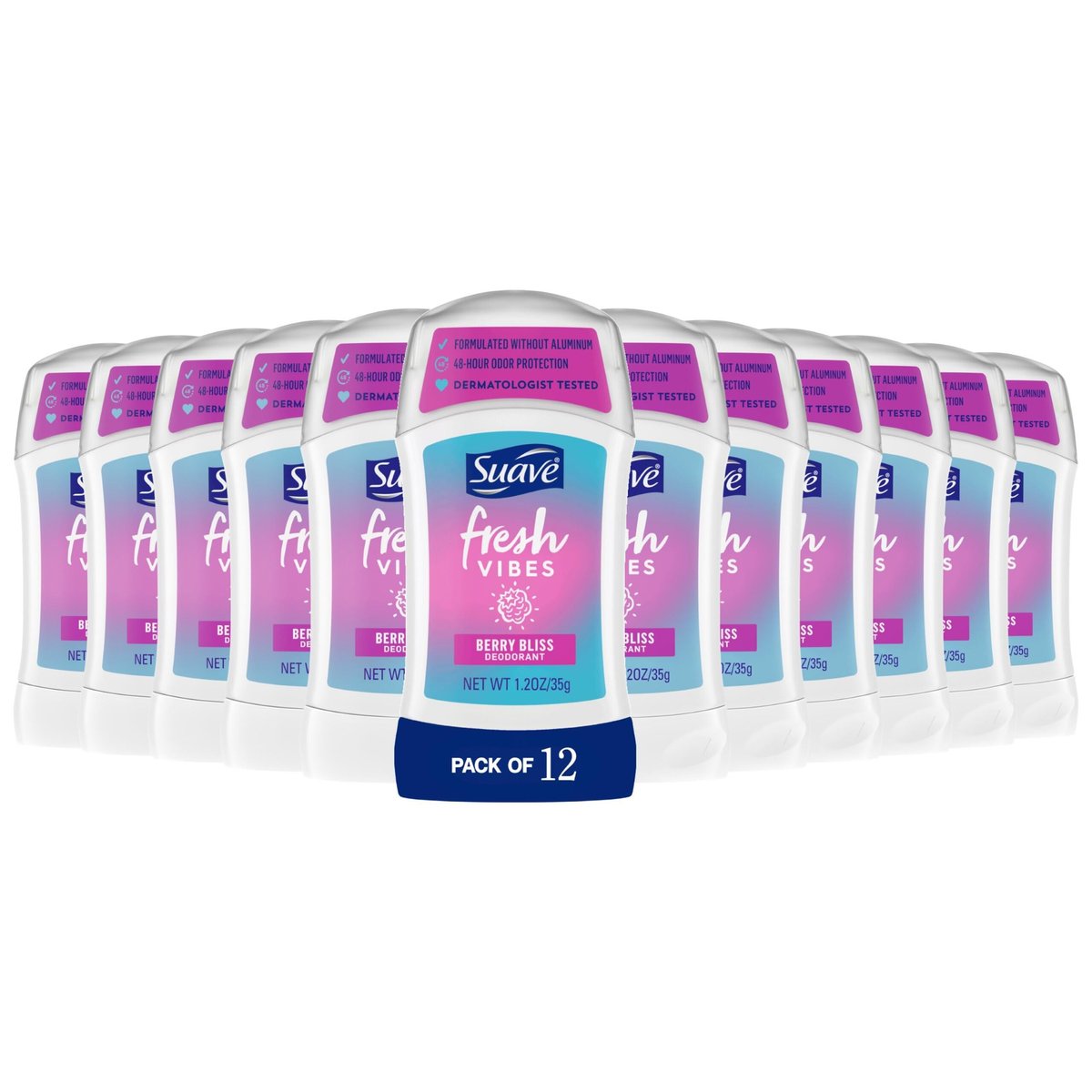 Suave Fresh Vibes Deodorant Stick Berry Bliss – Aluminiumfreier 48-Stunden-Deodorant-Stick, dermatologisch getestet, 1,2 Unzen (12er-Pack)