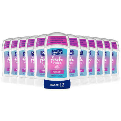 Suave Fresh Vibes Deodorant Stick Berry Bliss – Aluminiumfreier 48-Stunden-Deodorant-Stick, dermatologisch getestet, 1,2 Unzen (12er-Pack)