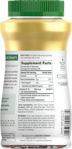 Nature's Bounty Vitamin B12 Gummis - 500 mcg, 160 Stück, zur Unterstützung des Energiestoffwechsels und des Nervensystems, gemischter Beerengeschmack