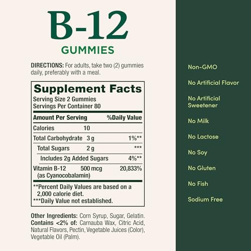 Nature's Bounty Vitamin B12 Gummis - 500 mcg, 160 Stück, zur Unterstützung des Energiestoffwechsels und des Nervensystems, gemischter Beerengeschmack