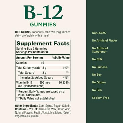 Nature's Bounty Vitamin B12 Gummis - 500 mcg, 160 Stück, zur Unterstützung des Energiestoffwechsels und des Nervensystems, gemischter Beerengeschmack