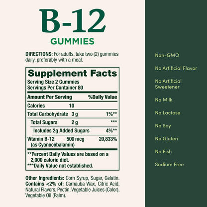 Nature's Bounty Vitamin B12 Gummis - 500 mcg, 160 Stück, zur Unterstützung des Energiestoffwechsels und des Nervensystems, gemischter Beerengeschmack
