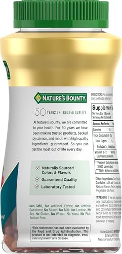 Nature's Bounty Vitamin B12 Gummis - 500 mcg, 160 Stück, zur Unterstützung des Energiestoffwechsels und des Nervensystems, gemischter Beerengeschmack
