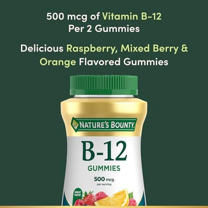 Nature's Bounty Vitamin B12 Gummis - 500 mcg, 160 Stück, zur Unterstützung des Energiestoffwechsels und des Nervensystems, gemischter Beerengeschmack