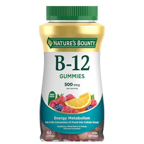 Nature's Bounty Vitamin B12 Gummis - 500 mcg, 160 Stück, zur Unterstützung des Energiestoffwechsels und des Nervensystems, gemischter Beerengeschmack