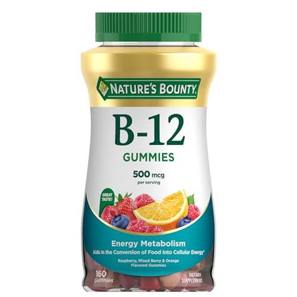 Nature's Bounty Vitamin B12 Gummis - 500 mcg, 160 Stück, zur Unterstützung des Energiestoffwechsels und des Nervensystems, gemischter Beerengeschmack