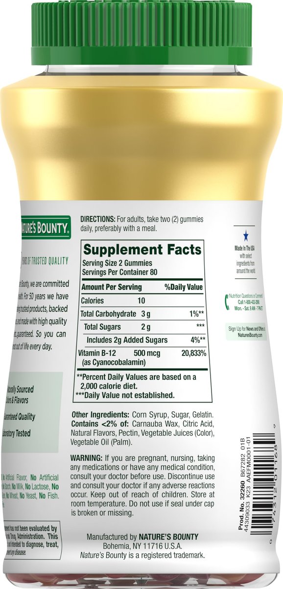 Nature's Bounty Vitamin B12 Gummis - 500 mcg, 160 Stück, zur Unterstützung des Energiestoffwechsels und des Nervensystems, gemischter Beerengeschmack