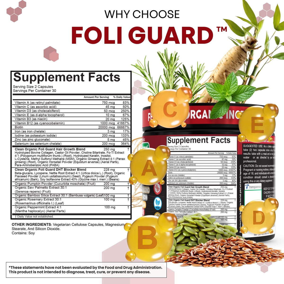 Haarwachstums-Supplement für Männer | Biotin, Kollagen, Kürbiskern, Sägepalme, Eisen, Ginseng, Bambus-Silica, Rosmarin, Pfefferminze, Keratin, Selen, Jod, Leinsamen, Schachtelhalm, Vitamin A C D3 E B12 | 60 Kapseln