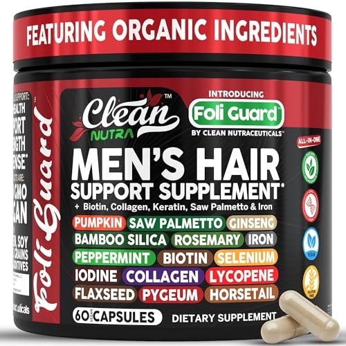 Haarwachstums-Supplement für Männer | Biotin, Kollagen, Kürbiskern, Sägepalme, Eisen, Ginseng, Bambus-Silica, Rosmarin, Pfefferminze, Keratin, Selen, Jod, Leinsamen, Schachtelhalm, Vitamin A C D3 E B12 | 60 Kapseln