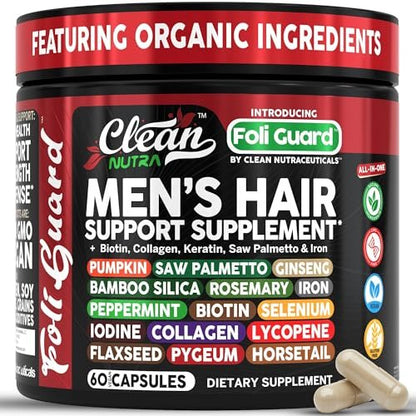 Haarwachstums-Supplement für Männer | Biotin, Kollagen, Kürbiskern, Sägepalme, Eisen, Ginseng, Bambus-Silica, Rosmarin, Pfefferminze, Keratin, Selen, Jod, Leinsamen, Schachtelhalm, Vitamin A C D3 E B12 | 60 Kapseln