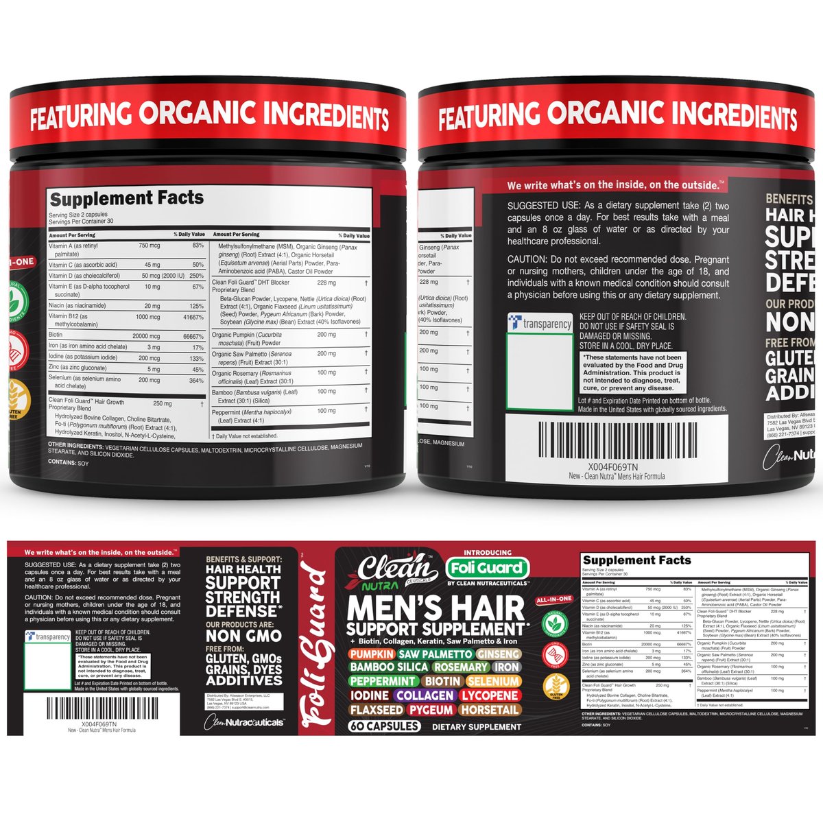 Haarwachstums-Supplement für Männer | Biotin, Kollagen, Kürbiskern, Sägepalme, Eisen, Ginseng, Bambus-Silica, Rosmarin, Pfefferminze, Keratin, Selen, Jod, Leinsamen, Schachtelhalm, Vitamin A C D3 E B12 | 60 Kapseln