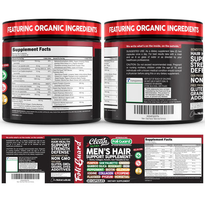 Haarwachstums-Supplement für Männer | Biotin, Kollagen, Kürbiskern, Sägepalme, Eisen, Ginseng, Bambus-Silica, Rosmarin, Pfefferminze, Keratin, Selen, Jod, Leinsamen, Schachtelhalm, Vitamin A C D3 E B12 | 60 Kapseln