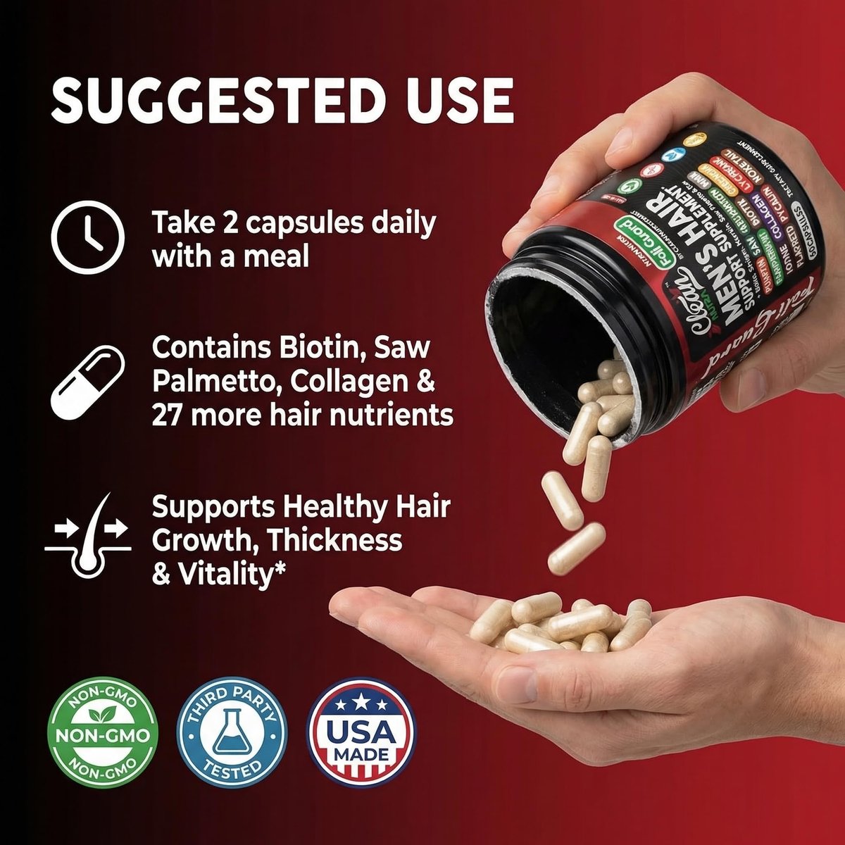Haarwachstums-Supplement für Männer | Biotin, Kollagen, Kürbiskern, Sägepalme, Eisen, Ginseng, Bambus-Silica, Rosmarin, Pfefferminze, Keratin, Selen, Jod, Leinsamen, Schachtelhalm, Vitamin A C D3 E B12 | 60 Kapseln