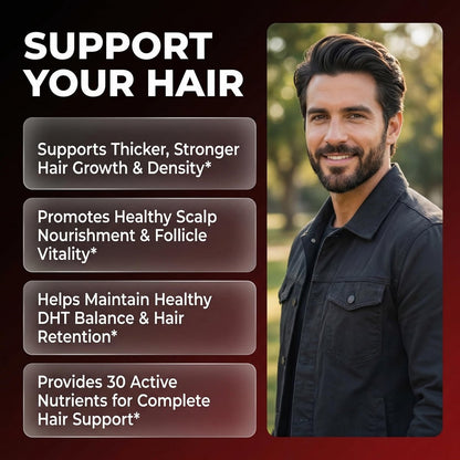 Haarwachstums-Supplement für Männer | Biotin, Kollagen, Kürbiskern, Sägepalme, Eisen, Ginseng, Bambus-Silica, Rosmarin, Pfefferminze, Keratin, Selen, Jod, Leinsamen, Schachtelhalm, Vitamin A C D3 E B12 | 60 Kapseln