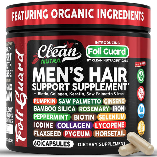 Haarwachstums-Supplement für Männer | Biotin, Kollagen, Kürbiskern, Sägepalme, Eisen, Ginseng, Bambus-Silica, Rosmarin, Pfefferminze, Keratin, Selen, Jod, Leinsamen, Schachtelhalm, Vitamin A C D3 E B12 | 60 Kapseln