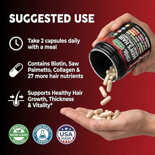 Haarwachstums-Supplement für Männer | Biotin, Kollagen, Kürbiskern, Sägepalme, Eisen, Ginseng, Bambus-Silica, Rosmarin, Pfefferminze, Keratin, Selen, Jod, Leinsamen, Schachtelhalm, Vitamin A C D3 E B12 | 60 Kapseln