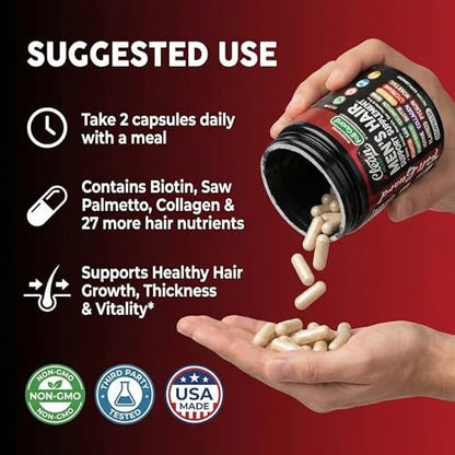 Haarwachstums-Supplement für Männer | Biotin, Kollagen, Kürbiskern, Sägepalme, Eisen, Ginseng, Bambus-Silica, Rosmarin, Pfefferminze, Keratin, Selen, Jod, Leinsamen, Schachtelhalm, Vitamin A C D3 E B12 | 60 Kapseln