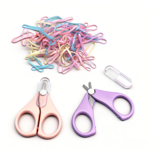 HXIELEC 50 Stücke Bunte Elastische Haarbänder Set mit 2 Stücke Bunte Mini-Scheren zum einfachen Schneiden - Gummiband-Schneider, Haarschonende Accessoires für Kleinkinder, Mädchen und Frauen