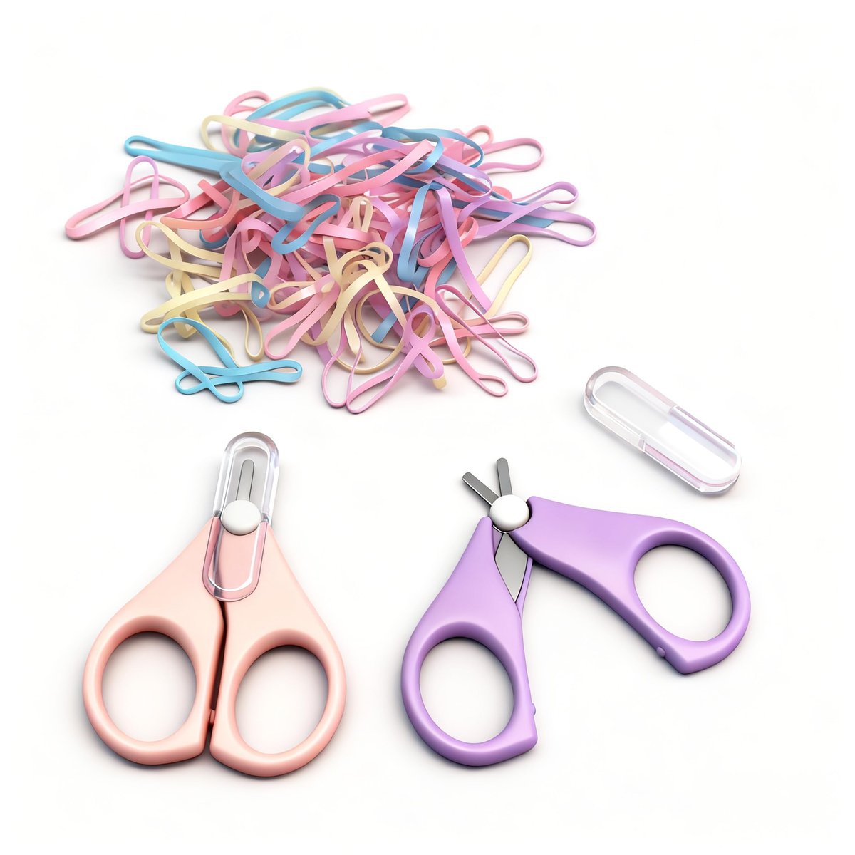 HXIELEC 50 Stücke Bunte Elastische Haarbänder Set mit 2 Stücke Bunte Mini-Scheren zum einfachen Schneiden - Gummiband-Schneider, Haarschonende Accessoires für Kleinkinder, Mädchen und Frauen
