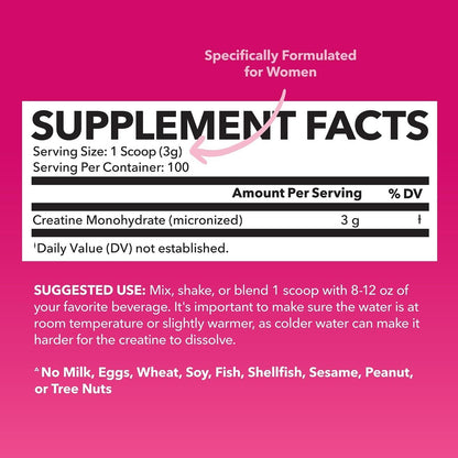 Creatin für Frauen - Speziell für Frauen entwickelt - 3g mikronisiertes Creatin-Monohydrat pro Portion zur Unterstützung von Energie, fettfreier Muskelmasse und geistiger Klarheit - ungesüßt, vegan, nicht-GVO, 100 Portionen