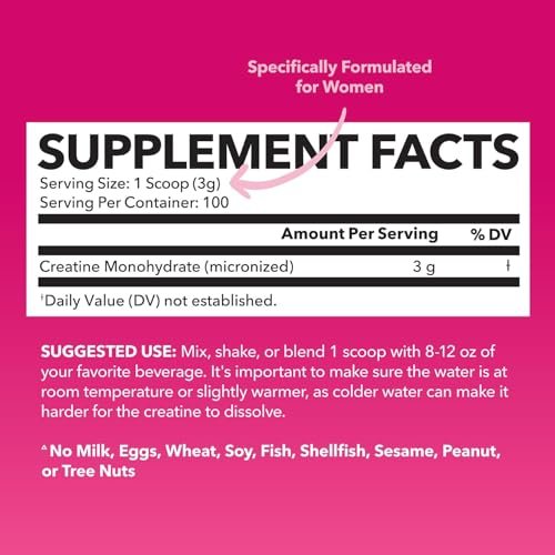 Creatin für Frauen - Speziell für Frauen entwickelt - 3g mikronisiertes Creatin-Monohydrat pro Portion zur Unterstützung von Energie, fettfreier Muskelmasse und geistiger Klarheit - ungesüßt, vegan, nicht-GVO, 100 Portionen