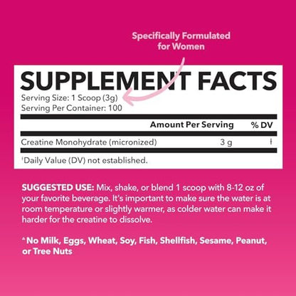 Creatin für Frauen - Speziell für Frauen entwickelt - 3g mikronisiertes Creatin-Monohydrat pro Portion zur Unterstützung von Energie, fettfreier Muskelmasse und geistiger Klarheit - ungesüßt, vegan, nicht-GVO, 100 Portionen