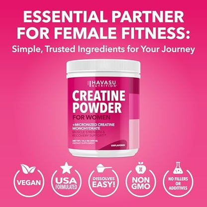 Creatin für Frauen - Speziell für Frauen entwickelt - 3g mikronisiertes Creatin-Monohydrat pro Portion zur Unterstützung von Energie, fettfreier Muskelmasse und geistiger Klarheit - ungesüßt, vegan, nicht-GVO, 100 Portionen