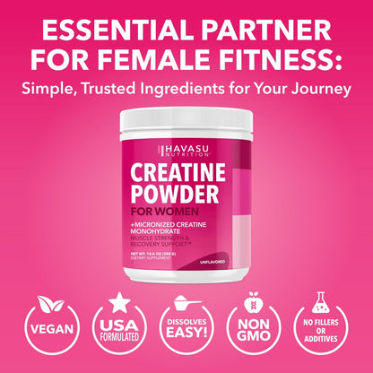 Creatin für Frauen - Speziell für Frauen entwickelt - 3g mikronisiertes Creatin-Monohydrat pro Portion zur Unterstützung von Energie, fettfreier Muskelmasse und geistiger Klarheit - ungesüßt, vegan, nicht-GVO, 100 Portionen