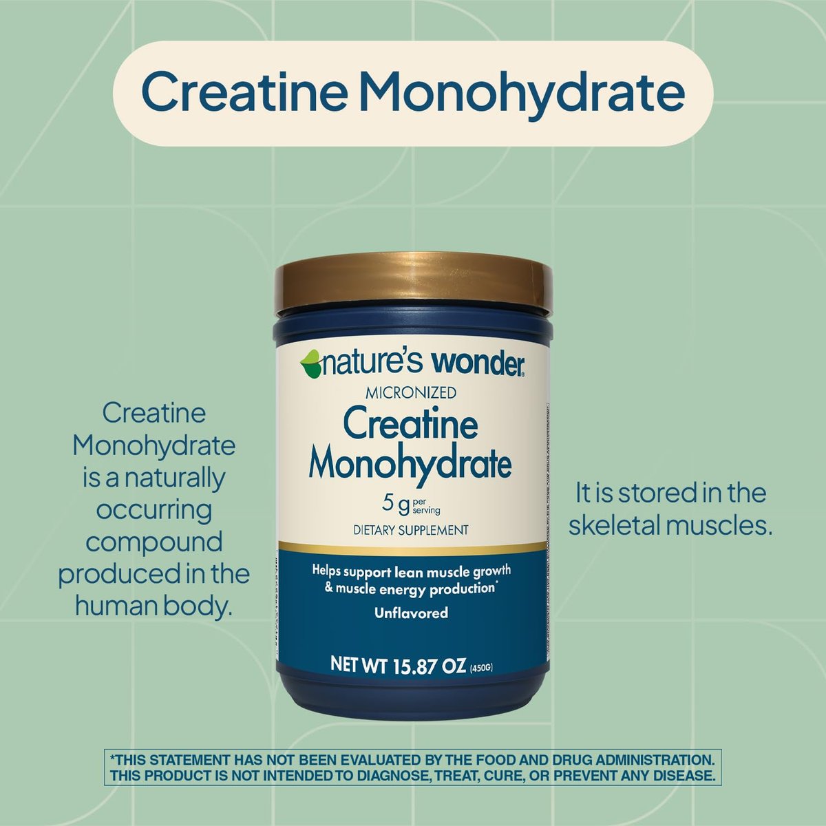 Nature's Wonder Micronisiertes Kreatin-Monohydrat Pulver 5g, Muskelgesundheit, Muskelenergieproduktion, Laktosefrei, 5g pro Portion, 450g, 90 Portionen