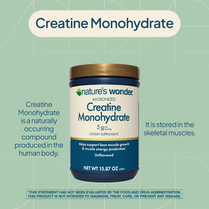 Nature's Wonder Micronisiertes Kreatin-Monohydrat Pulver 5g, Muskelgesundheit, Muskelenergieproduktion, Laktosefrei, 5g pro Portion, 450g, 90 Portionen