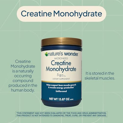 Nature's Wonder Micronisiertes Kreatin-Monohydrat Pulver 5g, Muskelgesundheit, Muskelenergieproduktion, Laktosefrei, 5g pro Portion, 450g, 90 Portionen